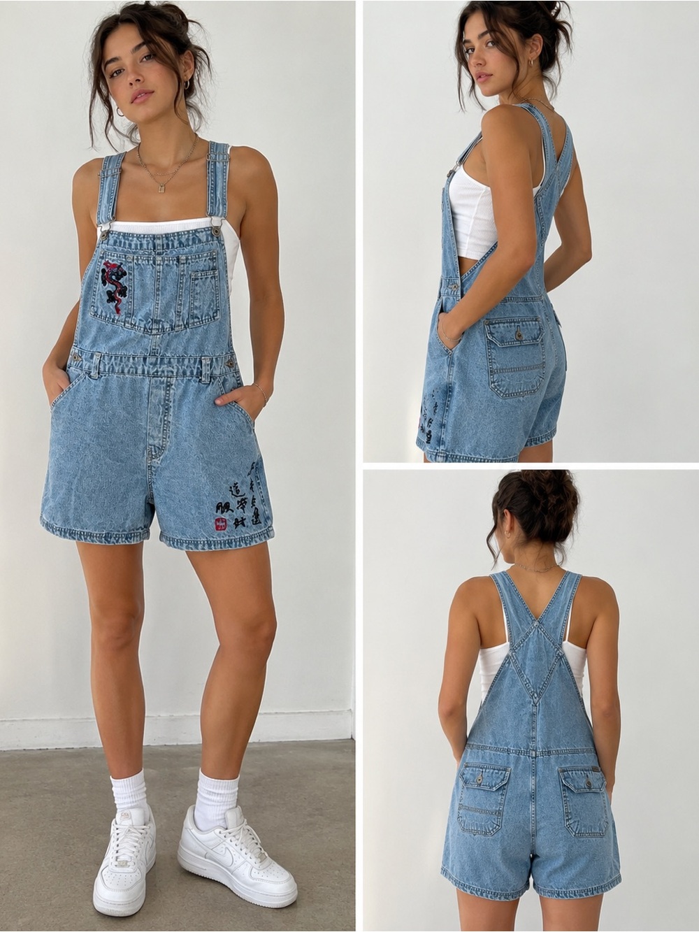 Route 66 Dragon Embroidered Denim Shortalls Small Y2K